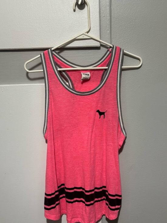 PINK Victoria's Secret Tops - PINK Victoria's Secret Neon Pink Tank with Gray Trim and Black Stripe Dog Logo